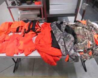 Lot 335. Blaze orange hats and more plus blaze orange and/or camo sweatshirts and a tote