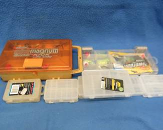 Lot 332. Plano Mini-Magnum fishing tackle box and Lake and Pond Kit with tackle and small plastic hook boxes