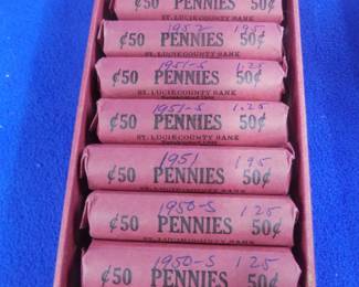 Lot 48. Twenty rolls of wheat pennies sorted and marked by the seller as follows:. 1946 D, S (2). 1947 P,D,S. 1948 P,D. 1949 P,D. 1950 S (3). 1951 P, S (2). 1952 P,S. 1953 S (2)