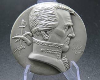 Lot 348. Medallion weighing 2.488 troy ounces of .999 pure silver from The Hall of Fame for Great Americans Series featuring Andrew Jackson. Made by the New York Medallic Art Co.