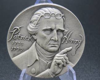 Lot 306. Medallion weighing 2.011 troy ounces of .999 pure silver from The Hall of Fame for Great Americans Series featuring Patrick Henry. Made by the New York Medallic Art Co.