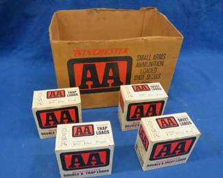 Lot 165. Four vintage boxes of Winchester AA 12-gauge rounds, two boxes are 7 1/2-shot & two are 9-shot, in an old Winchester AA box with the top cut off.
