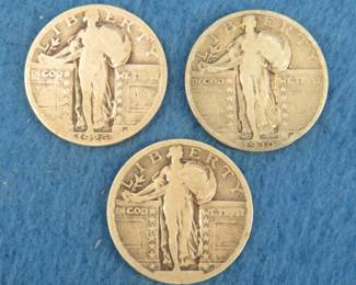 Lot 11. Three Standing Liberty quarters. 1926 P, 1930 P, and no date.