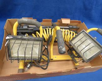 Lot 167. Double shop light (both missing bulbs), three tripods, and a small coil air hose