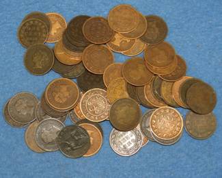 Lot 474. Over 60 Canadian penny coins. Dates range from 1859 to 1901. 1852 Canadian half penny bank token.