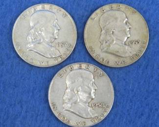 Lot 13. Three Franklin half dollars. 1953 D, 1957 D, and 1958 D.