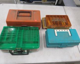 Lot 338. Four tackle boxes with lots of tackle and a large tote