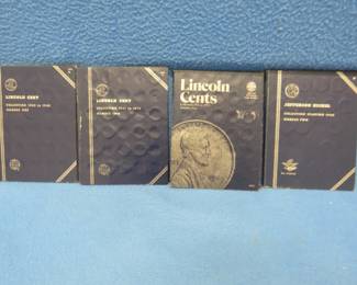 Lot 315. Three Lincoln penny albums and one Jefferson nickel album: Lincoln penny partial 1909-1940. Lincoln penny partial 1941-1974. Lincoln penny 1941-1974 complete. Pennies are all in high-grade condition. Jefferson nickel partial starting in 1962.