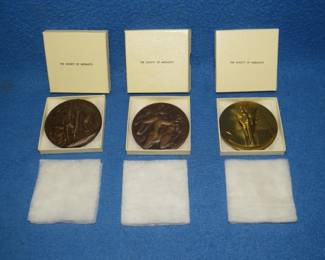 Lot 136. Three "Society of Medalists" bronze medallions. Series #8, #65, and #96. Includes 3 holders.