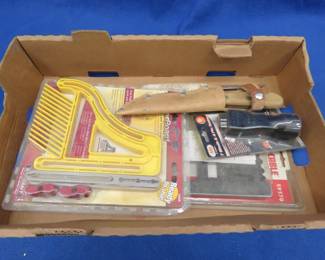 Lot 106. Wood working accessories, old butcher knives, trailer light plug tester