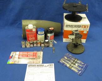 Lot 500. Accessories for completing models, paint that matches some of the other models listed, glue, a painting stand, and more