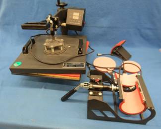 Lot 61. Combo Heat Press Machine. Does tee shirts, coffee cups, and more. Temp range 0-400 F. Unbranded cups for sale in lot #133.