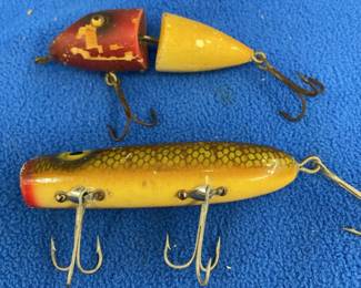 Lot 173. Vintage unidentified 3 1/8" wooden jointed bait with glass eyes and a South Bend 3 1/2" Bass-Oreno