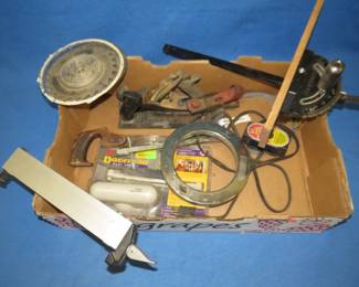 Lot 259. Misc. shop/garage items including a heat magnet, planes, fish tape, door closer, and more