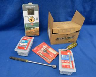 Lot 131. Electronic door lock (untested and unsure if all pieces are there) HeliCoil tool, 2" rafter clips, and more