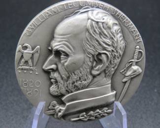 Lot 303. Medallion weighing 2.377 troy ounces of .999 pure silver from The Hall of Fame for Great Americans Series featuring William Tecumseh Sherman. Made by the New York Medallic Art Co.