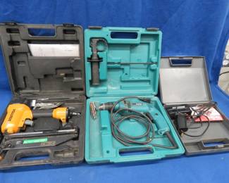 Lot 160. Pneumatic Bostitch brad nailer, 110v Makita drill, and a Weller soldering iron