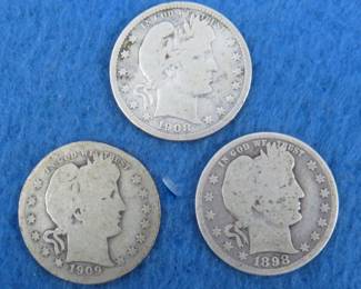 Lot 14. Three Barber Head quarters. 1898 P, 1908 D, and 1909 P.