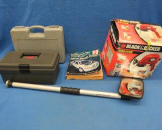 Lot 412. Paint sprayer, air nailer, paint brushes, Dodge pick-up manual, tote, and more