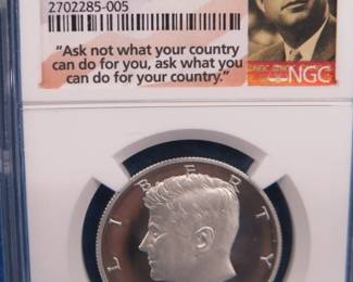 Lot 378. 2014 S 50th Anniversary 90% Silver Kennedy Half Dollar slabbed and graded High Relief SP 70 Enhanced Finish by NGC