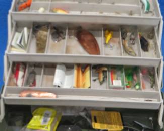 Lot 330. Fishing tackle box with a mixture of older and newer fishing baits and tackle