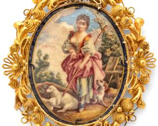 Lot 67
Fine Enamel Oval Brooch, Shepherdess & Lambs, 14K Gold Filigree Frame