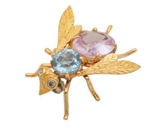 Lot 58
14k Gold Bug Brooch, Pink and Blue Tourmalines