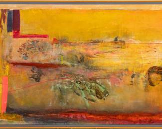 Lot 1011
Frank Bowling R.A. (British, B. 1934) Acrylic, Acrylic Gel and Mixed Medium on Collaged Canvas with Marouflage 1997, 'Rosignol'