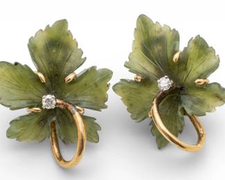 Lot 24
Chinese Carved Green Jade Earrings, Diamond Accent