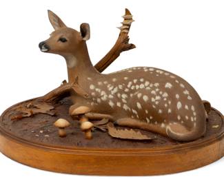 Lot 1067
Kent L. Gordon (American, 20th C.) Polychrome Carved Wood Fawn on Sculptural Base, Ca. 1987, 'Treasures of Spring'