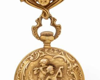 Lot 54
E. Huguenin 14K Gold Pendant Watch, Diamond, Pearls 1900, 'Scene with Children'