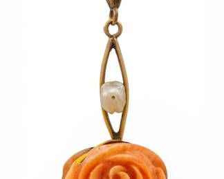 Lot 86
Victorian 14k Yellow Gold, Seed Pearl, and Carved Coral Rose Pendant