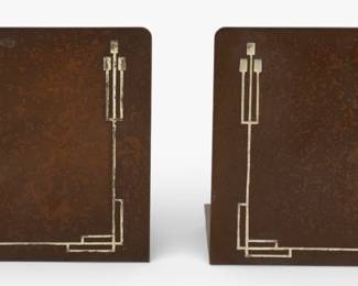 Lot 1077
Heintz Art Metal Shop (Buffalo NY, 1906-1930) Art Deco Style Sterling Silver over Bronze 7143 Bookends, Ca. 1910-1920