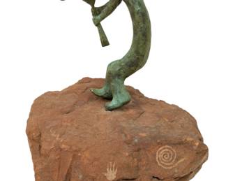 Lot 1073
American Southwest Patinated Bronze on Sandstone Base, 20th C., 'Kokopelli'