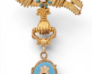 Lot 60
"Hand" Gold Lapel Pin - Locket , Enamel, Diamond and Turquoise 1900