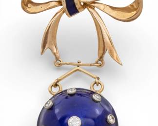 Lot 7
Marvin Watch Co (Swiss) 14K Gold, Blue Enamel with Diamonds Lapel Watch
