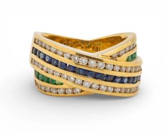 Lot 30
18 K Yellow Gold Dome Ring, Channel Set Brilliant Cut Diamonds, Emeralds and Sapphires