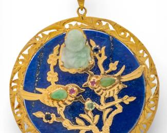 Lot 25
Chinese Buddhist 14k Yellow Gold, Lapis, and Gem Set Pendant Necklace