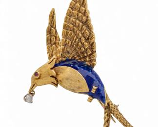 Lot 68
Martine 14K Yellow Gold Brooch Blue Enamel, Bird with Diamond