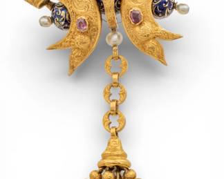 Lot 15
Gold Pendant Brooch, Blue Enamel, Rubies, Pearls