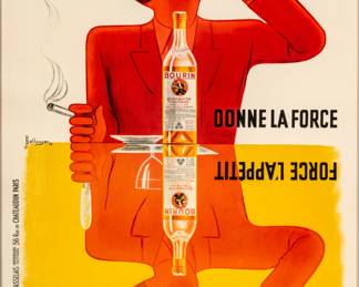 Lot 1008
Jacques Bellenger (French, 1903-1985) Lithographic Poster in Colors on Paper, Linen Backed 1936, 'QuinQuina Bourin'