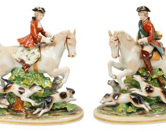 Lot 1082
Capo De Monte, (Germany) Porcelain Equestrian Figures on Horseback with Hounds