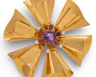 Lot 9
14K Gold Large Flower Form Brooch Amethyst and Six Diamonds
