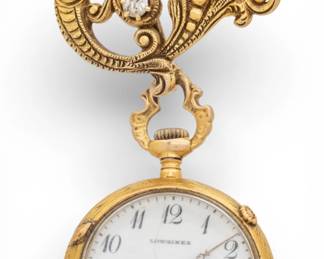 Lot 22
Longines Watch Co (Swiss) Gold Lapel Watch, Griffin with Diamond, Lilies on Back
