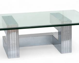 Lot 1051
In the Manner of Paul Evans (American, 1931-1987) Mid-Century Modern Chrome and Beveled Glass Top Cantilever Coffee Table