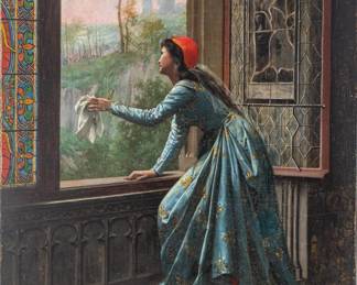 Lot 1026
Adolphe Alexandre Lesrel (French, 1839-1929) Oil on Canvas 1871, 'Farewell'