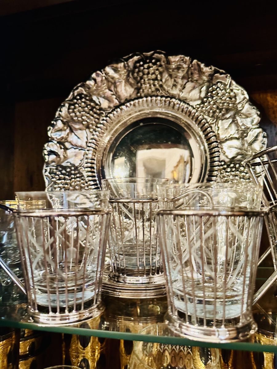 silver-plated bowl, vintage tea glasses in metal holders with handle