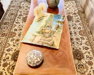 Marble bookends, oil painting, collectible, on great all wood coffee table