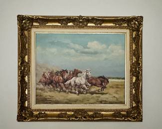 signed painting depicting a herd of wild horses, ornate gilded frame