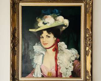 signed portrait painting of a woman in vintage-style dress and hat, ornate gold frame